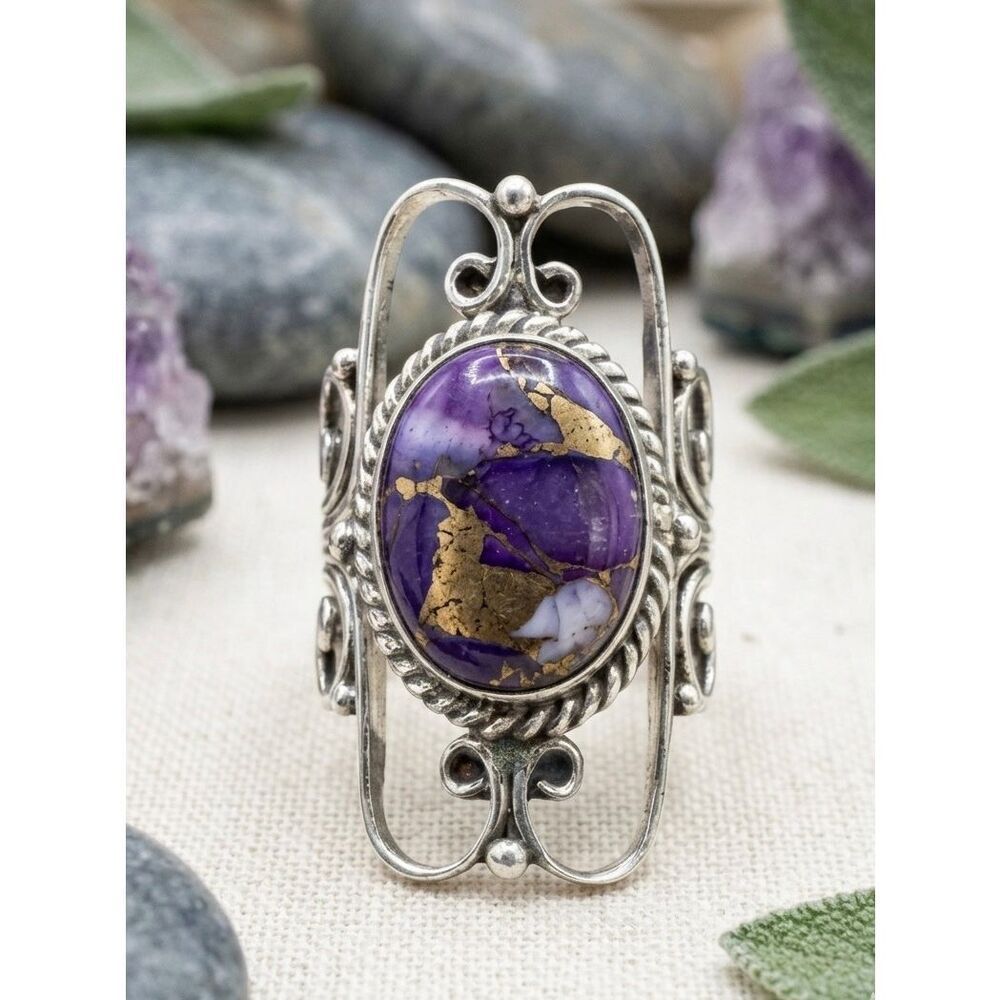 Vintage Style Scrollwork Statement Boho Silver Ring Purple Dahlia Turquoise